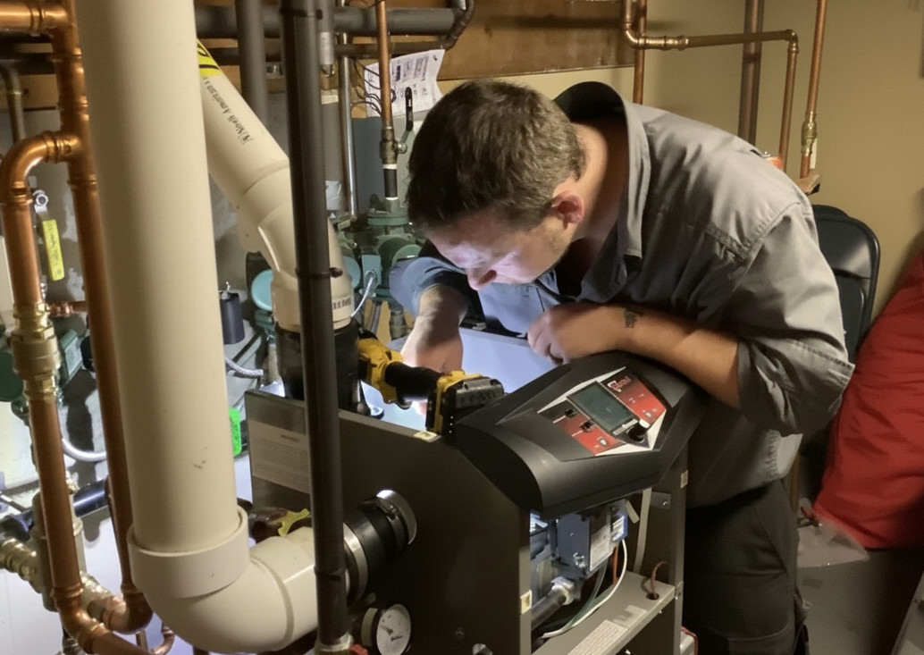 A service technician from Turkey Heating and Cooling in Central Massachusetts diligently inspects and works on a complex heating system, illuminated by his headlamp in a well-lit mechanical room.