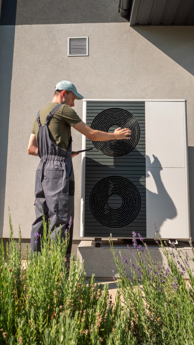 Technician inspecting an outdoor heat pump unit at a residential property on a sunny day.